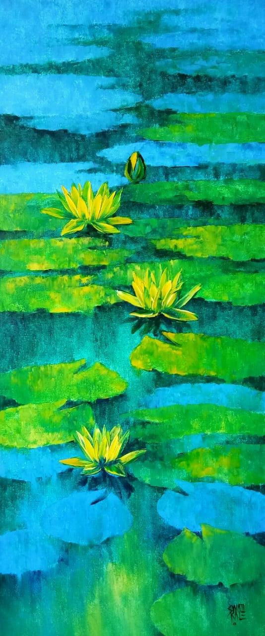 Nature oil painting titled 'Waterlilies 101', 42x18 inches, by artist Swati Kale on Canvas