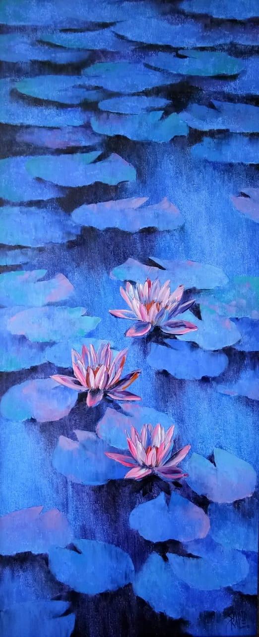 Nature oil painting titled 'Waterlilies 102', 42x18 inches, by artist Swati Kale on Canvas