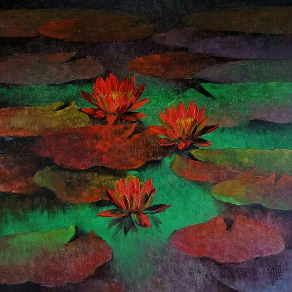 Nature oil painting titled 'Waterlilies 103', 24x24 inches, by artist Swati Kale on Canvas