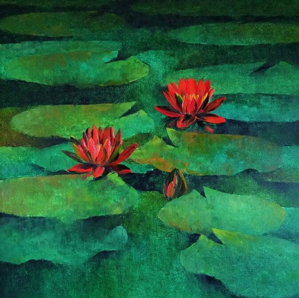 Nature oil painting titled 'Waterlilies 104', 24x24 inches, by artist Swati Kale on Canvas