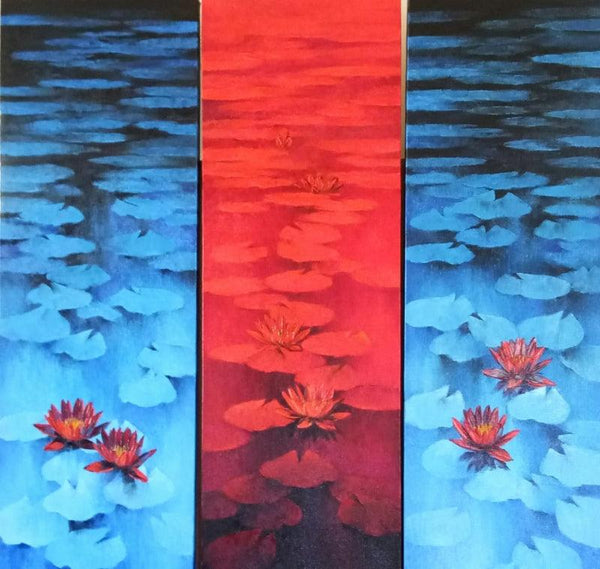 Nature oil painting titled 'Waterlilies 105', 48x48 inches, by artist Swati Kale on Canvas