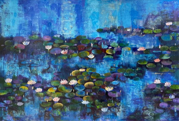 Nature acrylic painting titled 'Waterlilies 11', 48x72 inch, by artist Arundhati Pise on Canvas