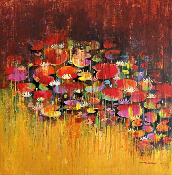 Nature acrylic painting titled 'Waterlilies 11', 36x36 inch, by artist Arundhati Pise on Canvas