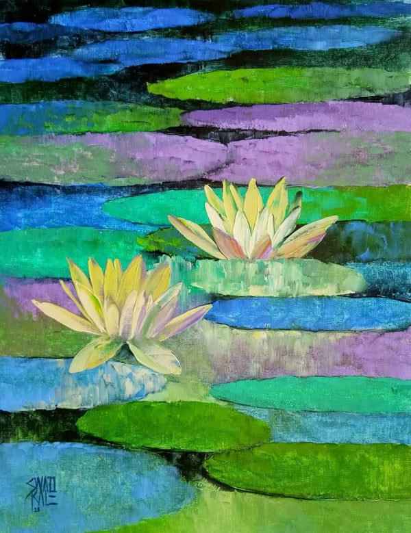 Nature oil painting titled 'Waterlilies 11', 18x14 inches, by artist Swati Kale on Canvas