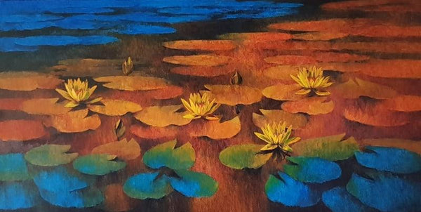 Nature oil painting titled 'Waterlilies 111', 30x60 inches, by artist Swati Kale on Canvas