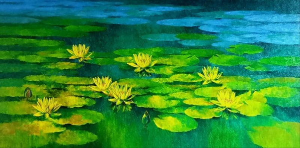 Nature oil painting titled 'Waterlilies 112', 30x60 inches, by artist Swati Kale on Canvas