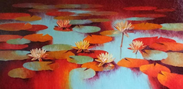 Nature oil painting titled 'Waterlilies 113', 30x60 inches, by artist Swati Kale on Canvas