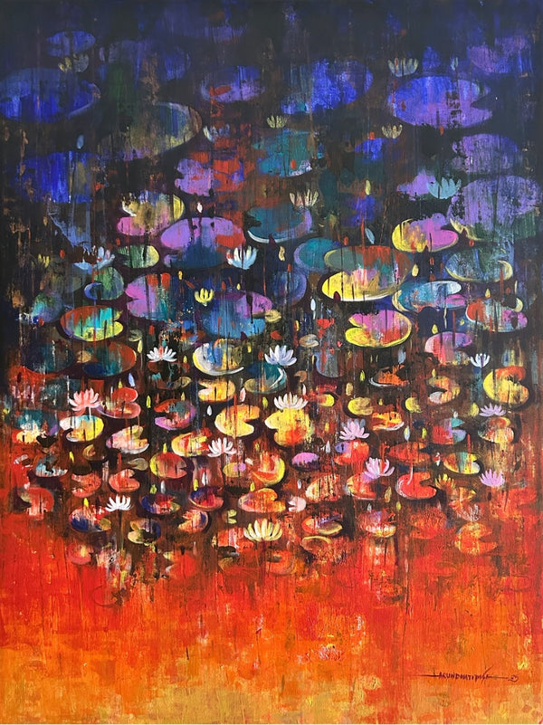 Nature acrylic painting titled 'Waterlilies 12', 48x36 inch, by artist Arundhati Pise on Canvas