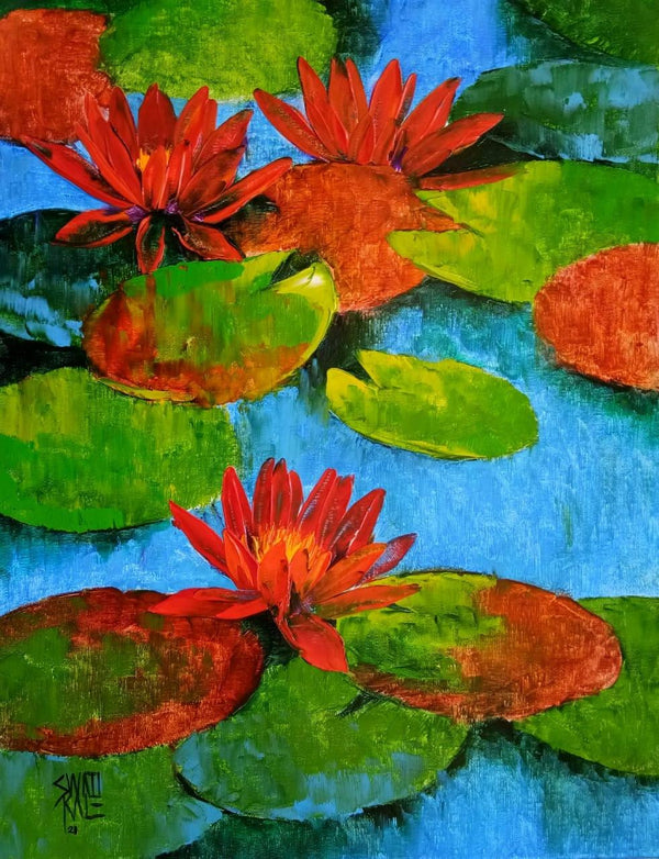 Nature oil painting titled 'Waterlilies 12', 18x14 inches, by artist Swati Kale on Canvas