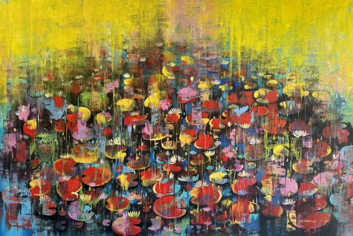 Nature acrylic painting titled 'Waterlilies 13', 48x72 inch, by artist Arundhati Pise on Canvas