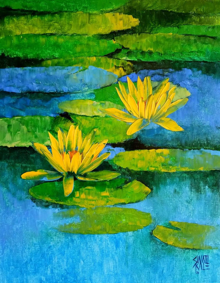 Nature oil painting titled 'Waterlilies 13', 18x14 inches, by artist Swati Kale on Canvas