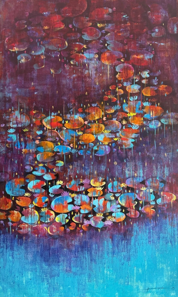 Nature acrylic painting titled 'Waterlilies 14', 60x36 inch, by artist Arundhati Pise on Canvas