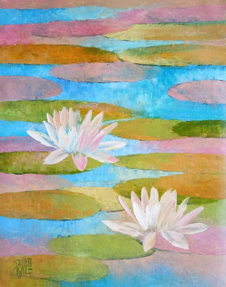 Nature oil painting titled 'Waterlilies 14', 18x14 inches, by artist Swati Kale on Canvas