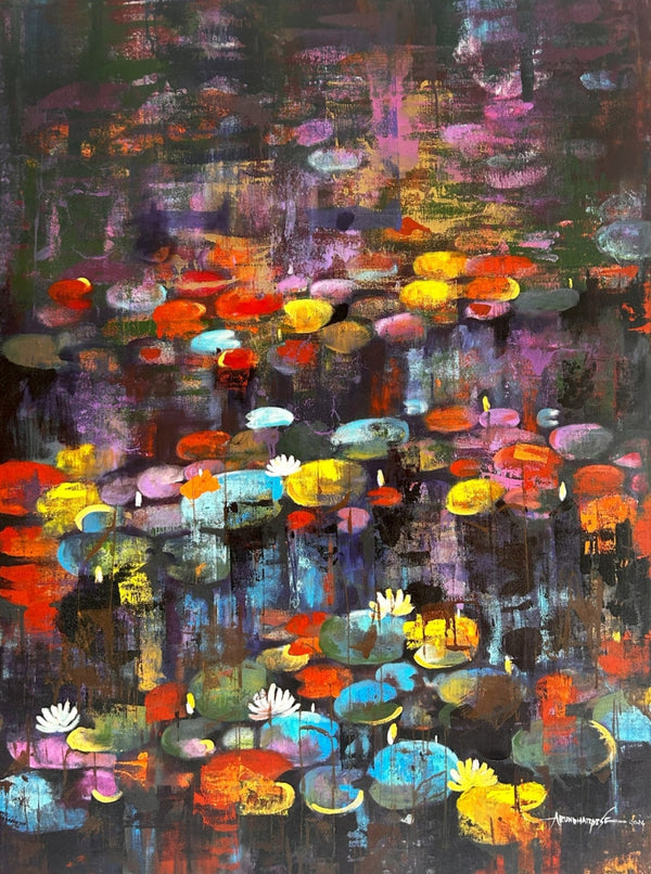 Nature acrylic painting titled 'Waterlilies', 48x36 inch, by artist Arundhati Pise on Canvas