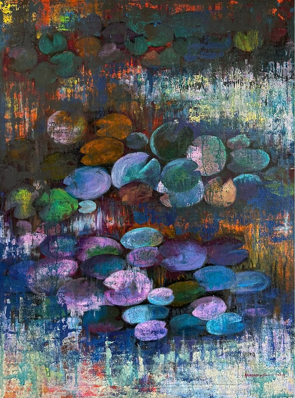 Nature acrylic painting titled 'Waterlilies 2', 48x36 inch, by artist Arundhati Pise on Canvas