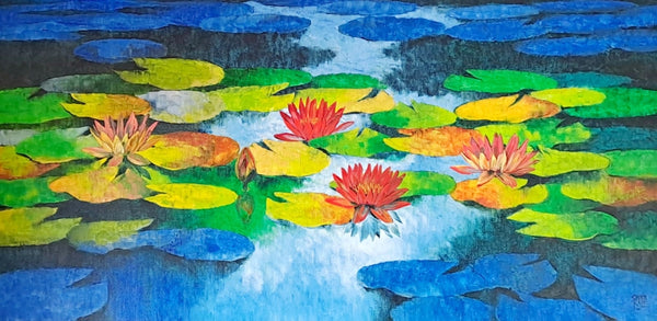 Nature oil painting titled 'Waterlilies 2', 30x60 inch, by artist Swati Kale on Canvas