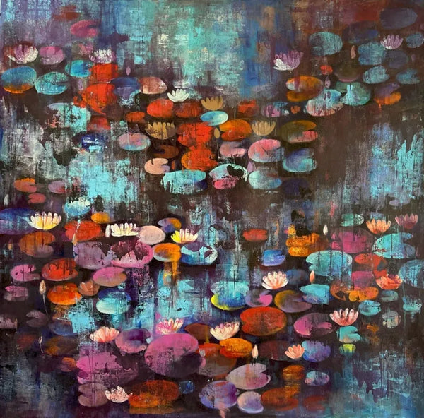 Nature acrylic painting titled 'Waterlilies 2', 48x48 inch, by artist Arundhati Pise on Canvas