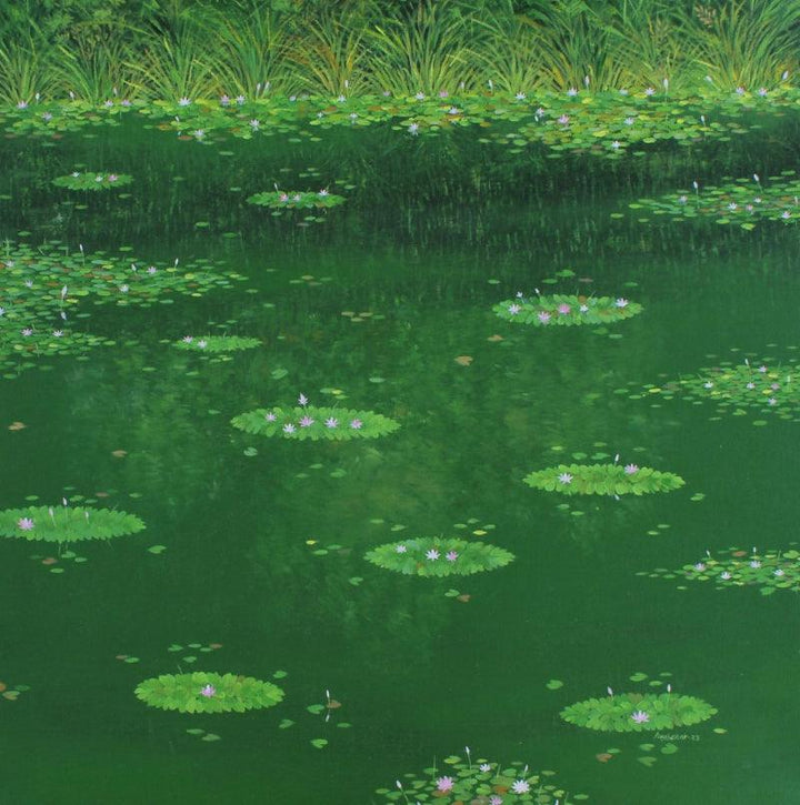 Nature oil painting titled 'Waterlilies 2', 36x36 inches, by artist Shirish Ambekar on Canvas