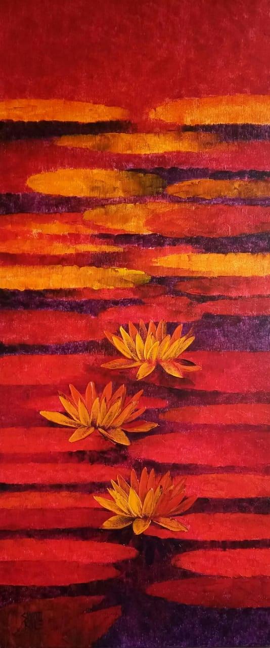 Nature oil painting titled 'Waterlilies 21', 42x18 inches, by artist Swati Kale on Canvas