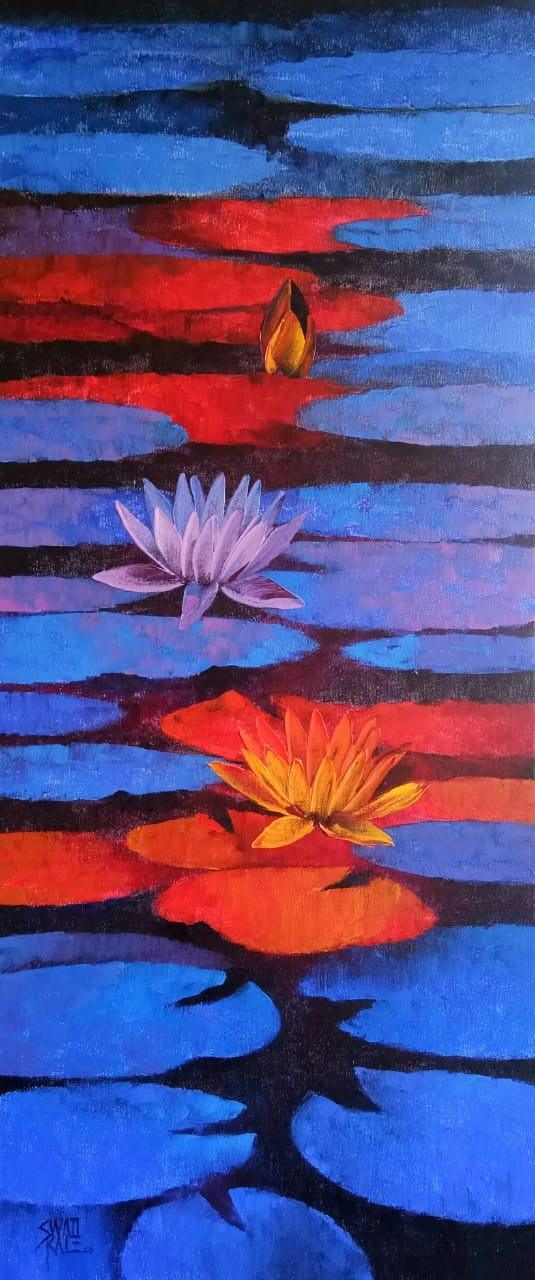 Nature oil painting titled 'Waterlilies 22', 42x18 inches, by artist Swati Kale on Canvas