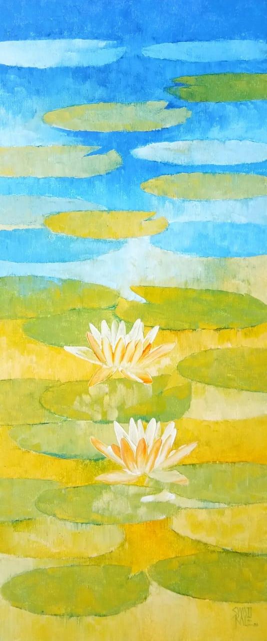 Nature oil painting titled 'Waterlilies 23', 42x18 inches, by artist Swati Kale on Canvas