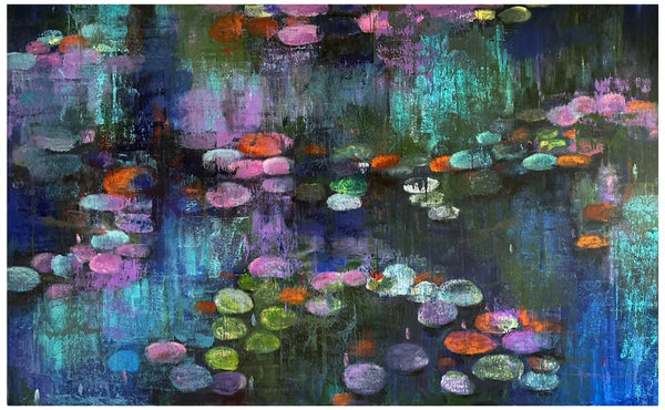 Nature acrylic painting titled 'Waterlilies 3', 36x60 inch, by artist Arundhati Pise on Canvas