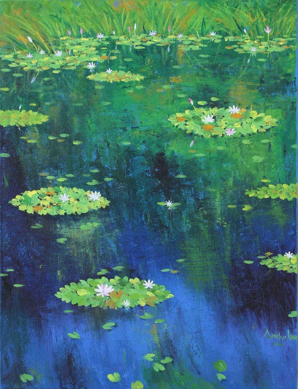 Nature oil painting titled 'Waterlilies 3', 23x18 inches, by artist Shirish Ambekar on Canvas