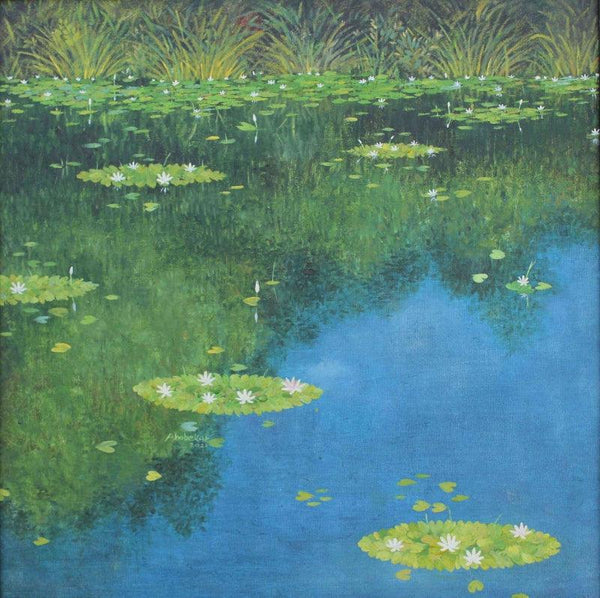 Nature oil painting titled 'Waterlilies 4', 24x24 inches, by artist Shirish Ambekar on Canvas