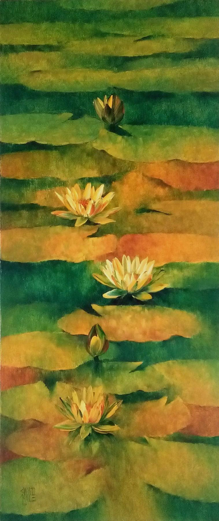 Nature oil painting titled 'Waterlilies 5', 42x18 inches, by artist Swati Kale on Canvas