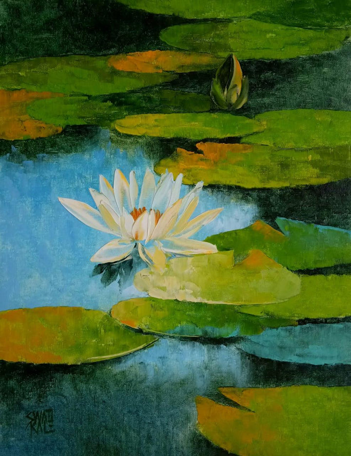 Nature oil painting titled 'Waterlilies 51', 18x14 inches, by artist Swati Kale on Canvas