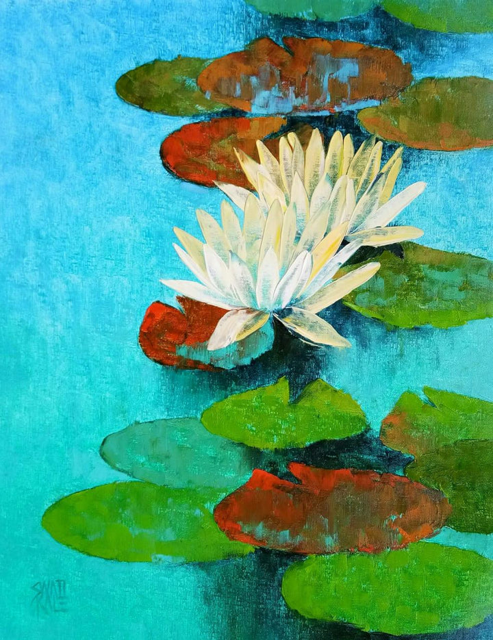 Nature oil painting titled 'Waterlilies 54', 18x14 inches, by artist Swati Kale on Canvas