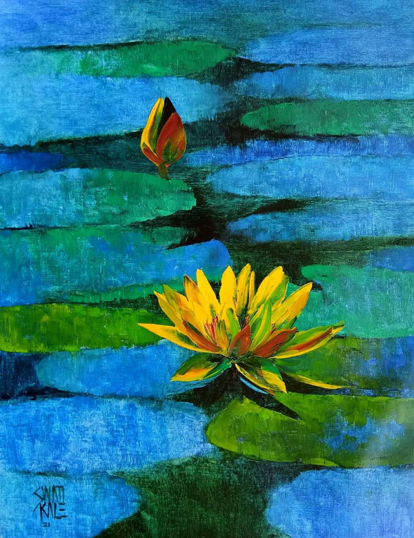 Nature oil painting titled 'Waterlilies 58', 18x14 inches, by artist Swati Kale on Canvas