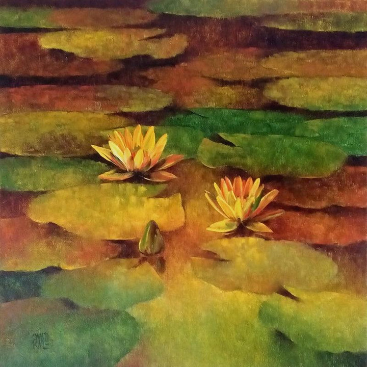 Nature oil painting titled 'Waterlilies 6', 24x24 inches, by artist Swati Kale on Canvas