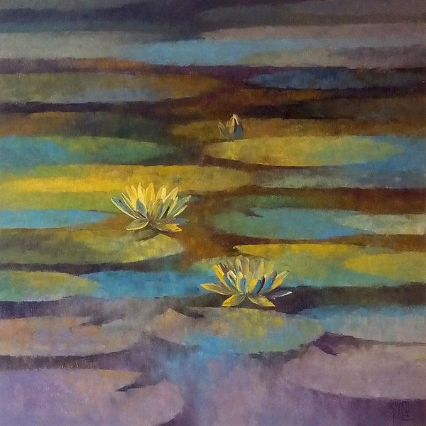 Nature oil painting titled 'Waterlilies 7', 24x24 inches, by artist Swati Kale on Canvas