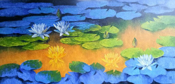 Nature oil painting titled 'Waterlilies 71', 30x60 inches, by artist Swati Kale on Canvas