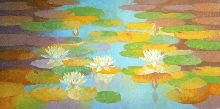 Nature oil painting titled 'Waterlilies 72', 30x60 inches, by artist Swati Kale on Canvas