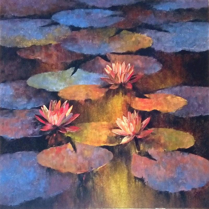 Nature oil painting titled 'Waterlilies 8', 24x24 inches, by artist Swati Kale on Canvas