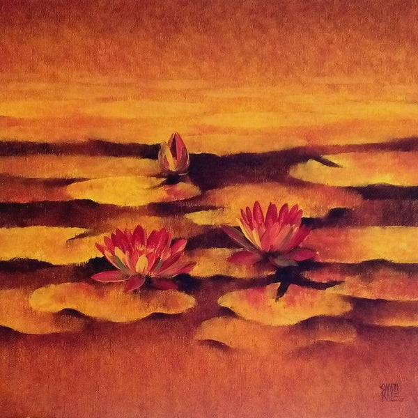 Nature oil painting titled 'Waterlilies 9', 24x24 inches, by artist Swati Kale on Canvas