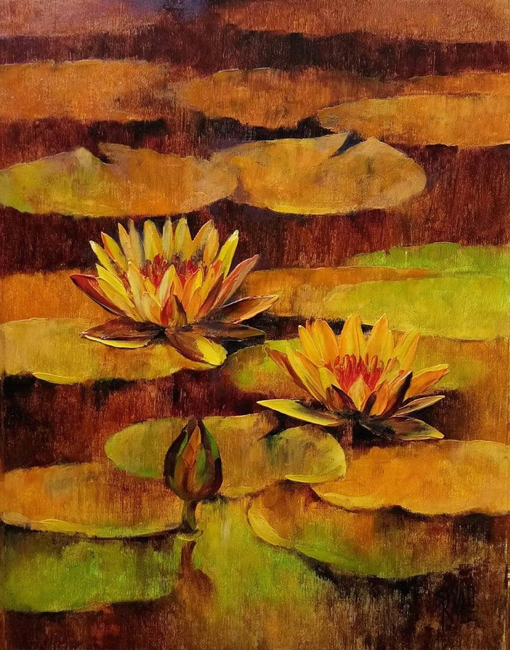 Nature oil painting titled 'Waterlilies 94', 18x14 inches, by artist Swati Kale on Canvas