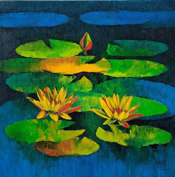 Nature oil painting titled 'Waterlilies', 24x24 inches, by artist Swati Kale on Canvas