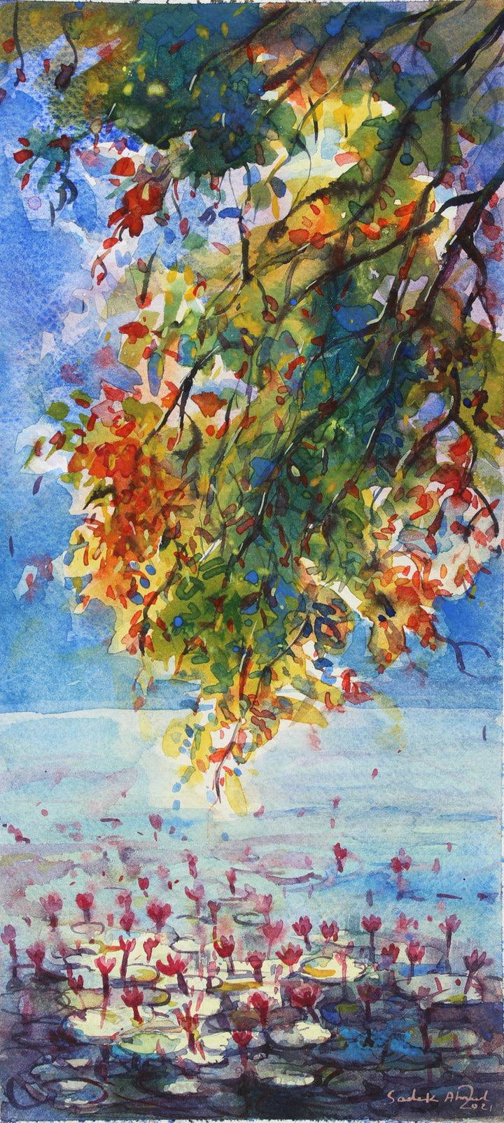 Landscape watercolor painting titled 'Waterlily', 6x14 inches, by artist Sadek Ahmed on Paper