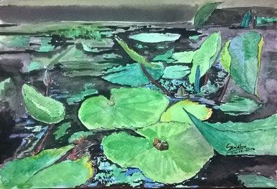 Nature watercolor painting titled 'Waterlily Leaves In Watercolour', 10x7 inches, by artist Sindhulina Chandrasingh on Paper