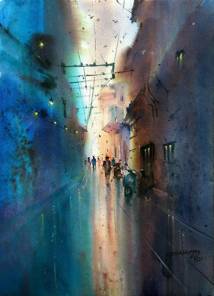 Landscape watercolor painting titled 'Way Of Light', 17x12 inches, by artist Purendra Deogirkar on Paper