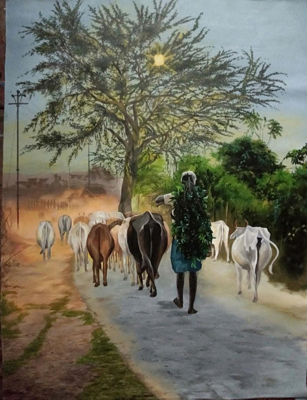 Landscape acrylic painting titled 'Way to work', 35x26 inches, by artist Lisha N T on Canvas