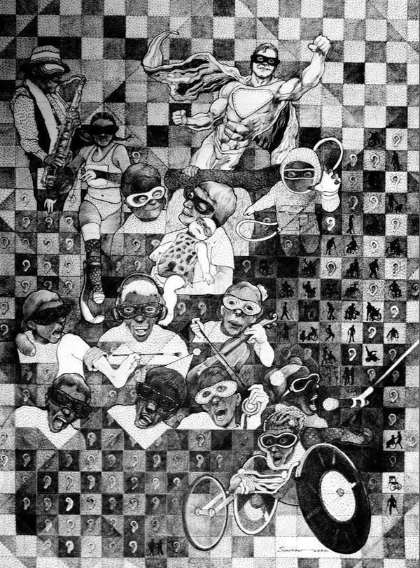 Figurative pen ink drawing titled 'We Shall Overcome', 28x22 inches, by artist Sourav Nandy on Paper