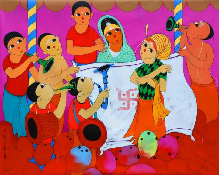 Figurative acrylic painting titled 'Wedding', 48x60 inches, by artist Dnyaneshwar Bembade on Canvas