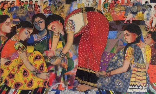 Figurative acrylic painting titled 'Wedding Rituals', 36x60 inches, by artist Anjani Reddy on Canvas