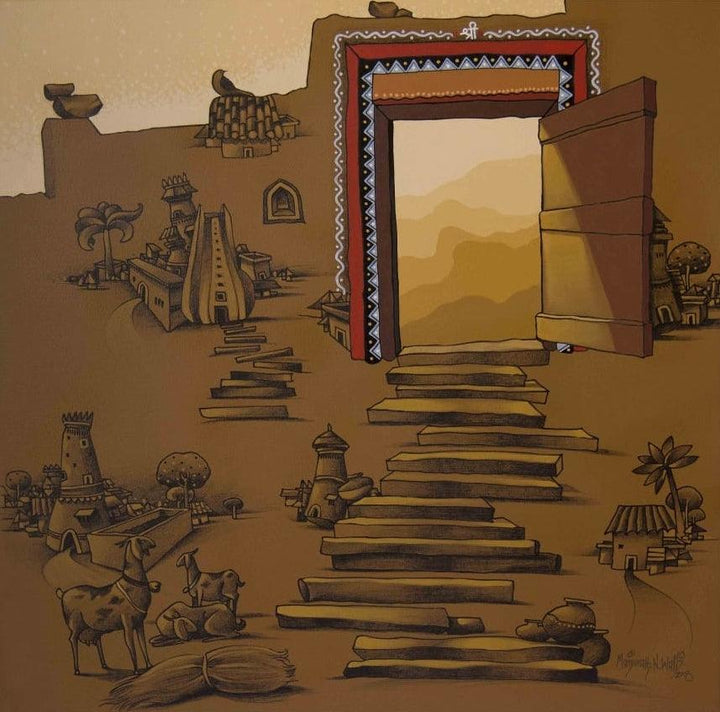 contemporary mixed media painting titled 'Welcome', 30x30 inches, by artist Manjunath Wali on Canvas