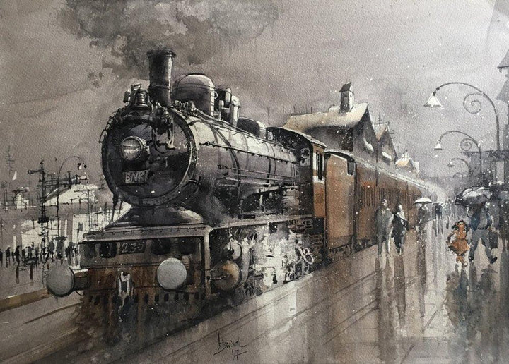 Cityscape watercolor painting titled 'Wet Platform 11', 22x29 inches, by artist Bijay Biswaal on Paper