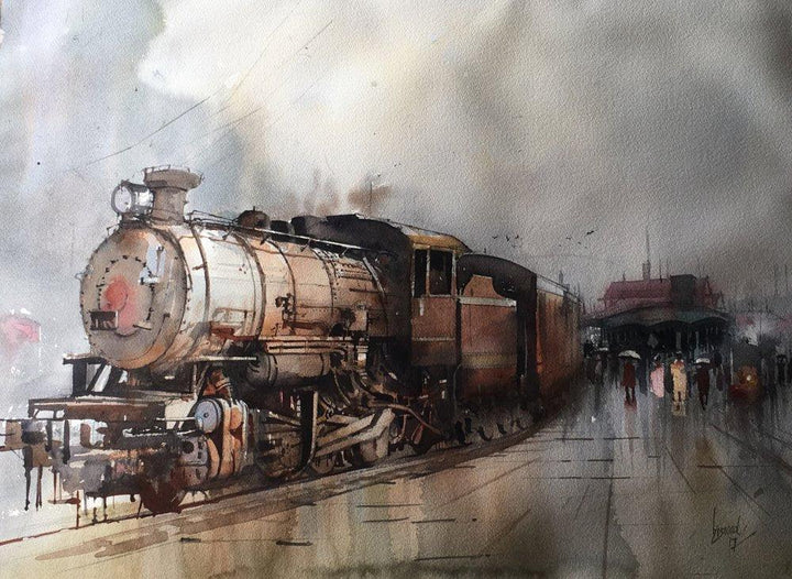 Cityscape watercolor painting titled 'Wet Platform 15', 22x29 inches, by artist Bijay Biswaal on Paper